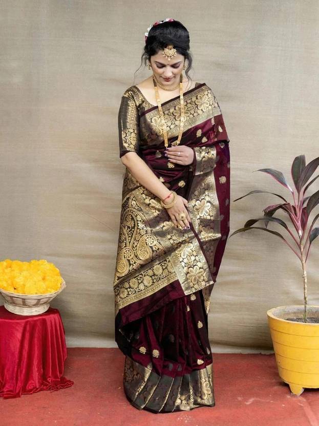 Woven Banarasi Art Silk, Silk Blend Saree (Maroon)